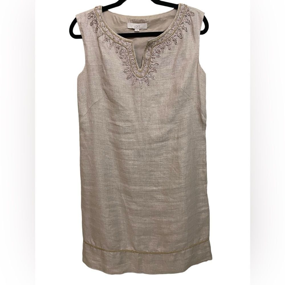 Linen Sheath Dress Neutral Color Elegant Lux Classic Embroidered Metallic Detail